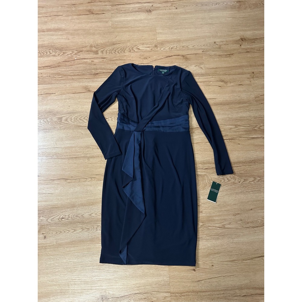 Lauren Ralph Lauren Navy Sheath Dress Size 4 NWT Long Sleeve Satin Waist
